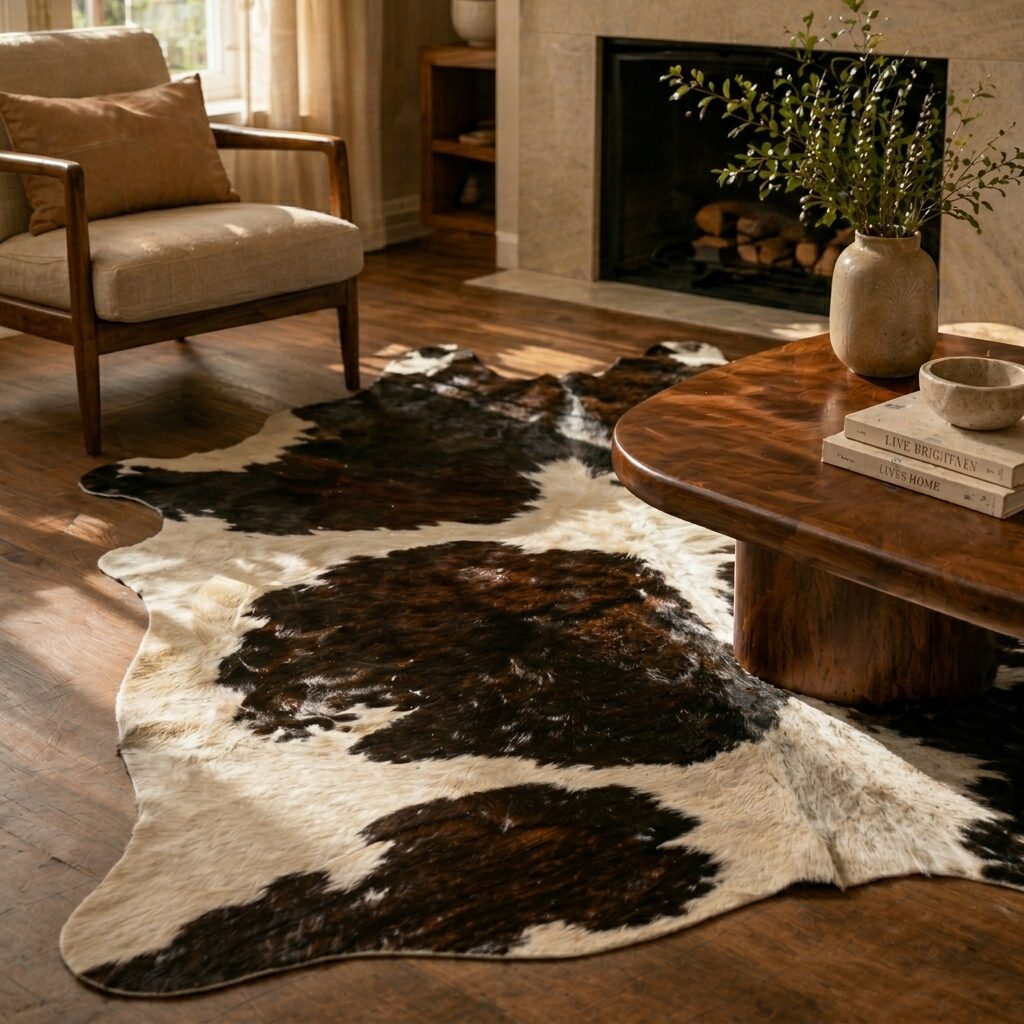 Peau de vache brésilienne posée à plat dans un salon chaleureux.