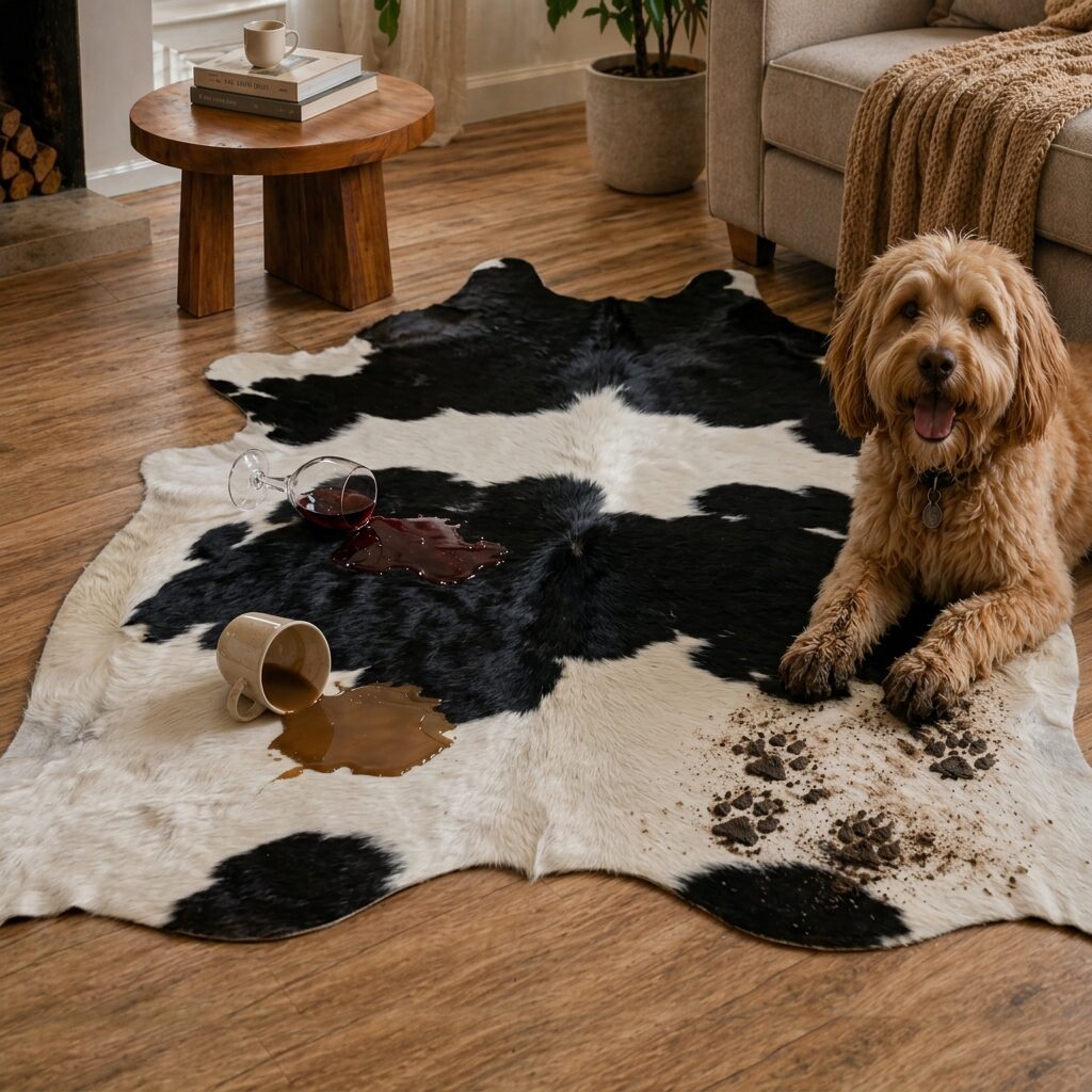 Peau de vache noire et blanche avec du vin et du café renversés, près d'un chien aux pattes boueuses.
