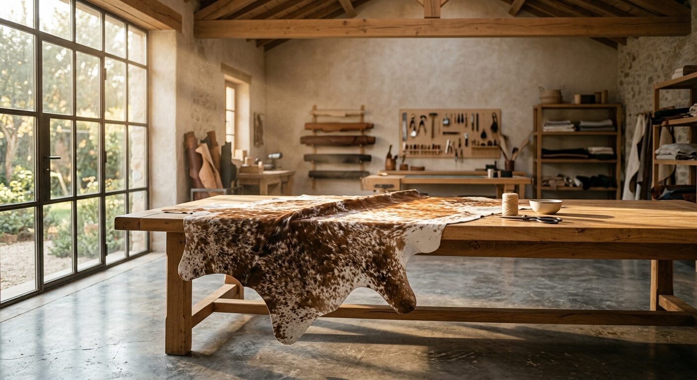 Peau de vache comme coproduit durable sur un établi en bois baigné d'une lumière chaude.